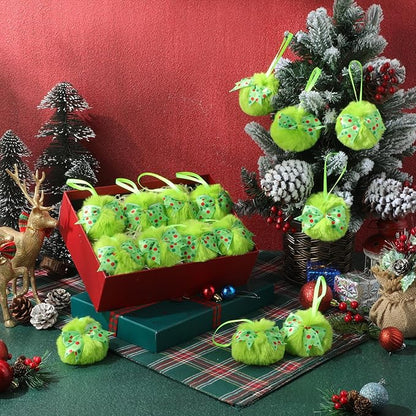 Liliful 18 Pcs Lime Green Furry Christmas Ball Ornaments3.15 Inch Bow Xmas Furry Ornaments Hanging Christmas Pom Pom Ball Decorations for Home Xmas Tree Party Supplies Wall Decor(Style 3,Green)