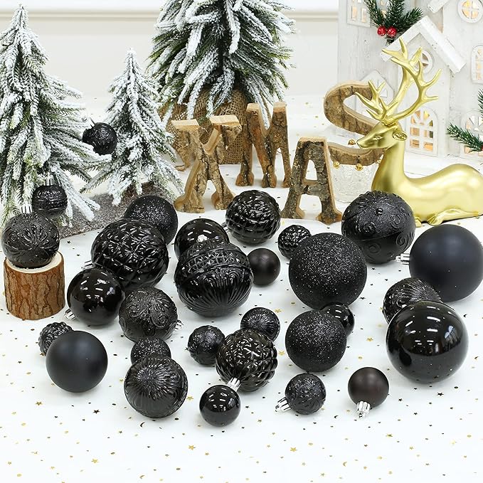 Christmas Ball Ornaments Black Christmas Tree Decorations with Hang Rope-36pcs Shatterproof Christmas Ornaments Set with 6 Styles in 3 Sizes(Small Medium Large)
