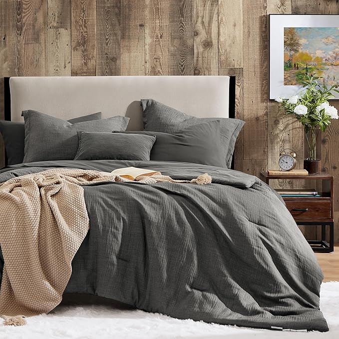 Geniospin Queen Comforter Set - 7 Pieces Comforter Queen Size, Solid Bedding Set for All Season, Textured Bed in a Bag with Flat Sheet and Fitted Sheet, Pillowcases and Shams (Grey, 90''x90'')
