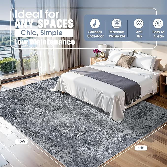 9x12 Area Rugs for Living Room Rug Washable: Abstract Large Rug for Dining Room Bedroom Carpet Non Slip 9 by 12 Indoor Modern Nursery Home Office Black