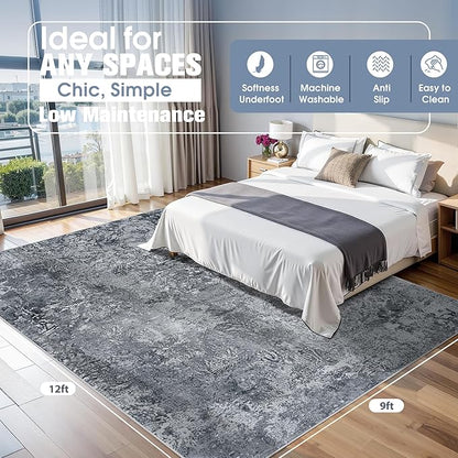 9x12 Area Rugs for Living Room Rug Washable: Abstract Large Rug for Dining Room Bedroom Carpet Non Slip 9 by 12 Indoor Modern Nursery Home Office Black