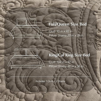 EVERGRACE Luxury Pearl Velvet Quilt Set Queen Size 3 Pieces, Soft Paisley-Stitch Velvet Comforter Set with Pillow Shams, Lightweight Bedspread Coverlet Bedding Set, Stone Taupe