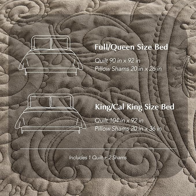 EVERGRACE Luxury Pearl Velvet Quilt Set King Size 3 Pieces, Soft Paisley-Stitch Velvet Comforter Set with Pillow Shams, Lightweight Bedspread Coverlet Bedding Set, Stone Taupe