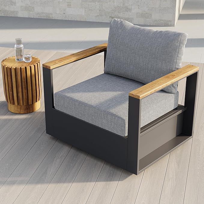 homary Outdoor Swivel Chair, Patio Chair Outdoor Seating with Gray Cushions, Aluminum Frame & Wood Accents, 360° Rotating Base, Weather-Resistant Upholstery for Patio or Deck