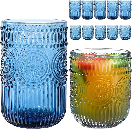 Blue Drinking Glasses Set of 12, 14 Oz Highball & 10 Oz Cocktail Glasses, Blue Kitchen Vintage Glassware Set, Floral Embossed Glass Tumbler Cups for Beer, Juice, Water, Whiskey, Coffee