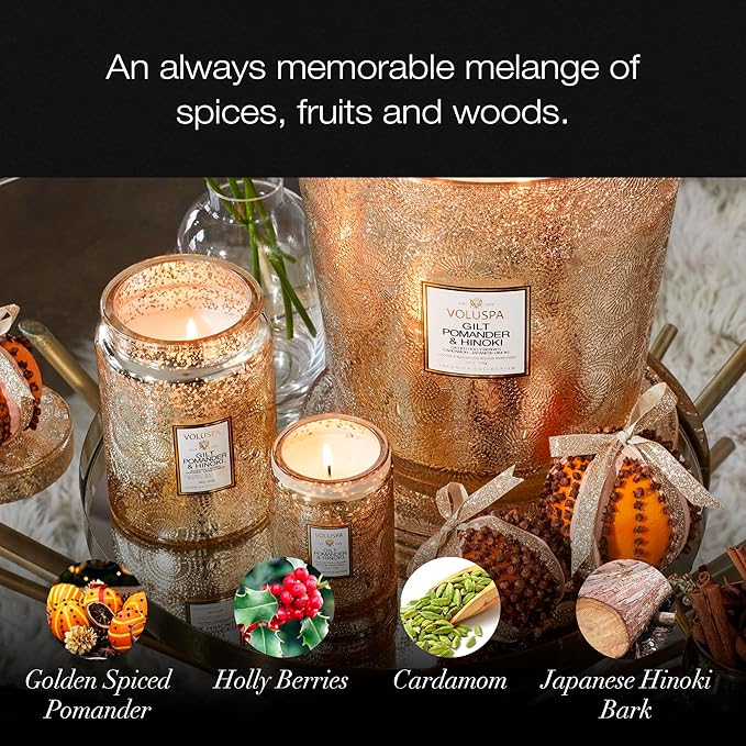 Voluspa Gilt Pomander Hinoki, Large Candle Jar, 18 oz, 100 Hour Burn Time, Coconut Wax for Clean Burning, Handcrafted in The USA