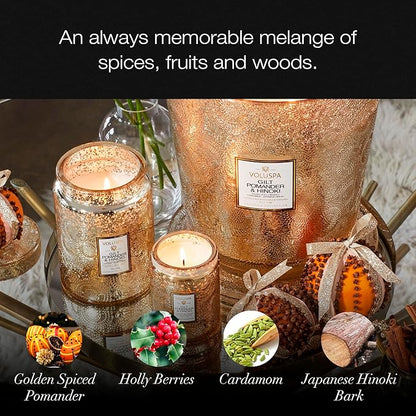 Voluspa Gilt Pomander Hinoki, Large Candle Jar, 18 oz, 100 Hour Burn Time, Coconut Wax for Clean Burning, Handcrafted in The USA