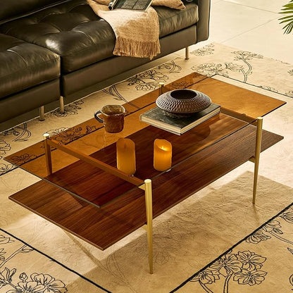 AGV LIGHTING Tadio Large Glass Coffee Table, Mid-Century Modern Coffee Table for Living Room, Gold Finish Leg, Coffee Brown Glass Top & Walnut Brown Shelf, 47 in