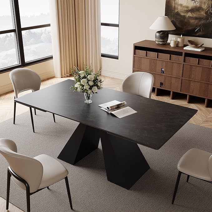 Modern Expandable Dining Table- 63" to 94.5" Extendable Dining Room Table, Gray Sintered Stone Top with Black Metal Base - Seats 6-12, Easy Assembly (Table Only)