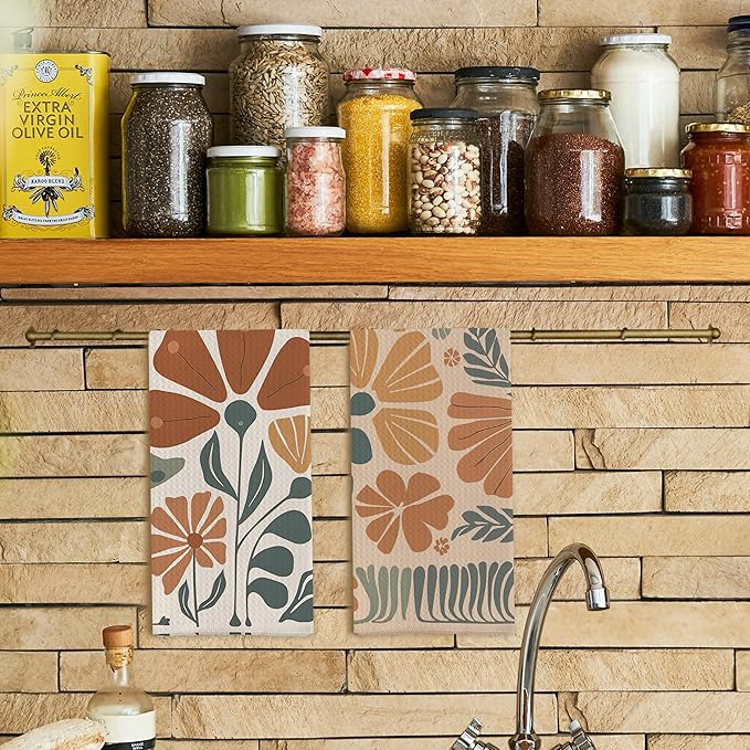 Abstract Boho Floral Kitchen Towels Retro Groovy Vintage Boho Floral