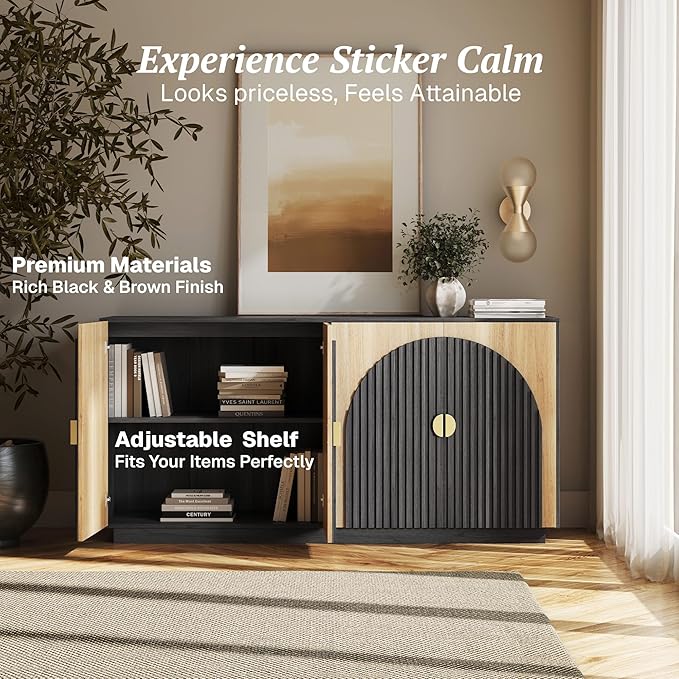 BELLEZE 65 Inch Fluted Buffet Cabinet with Storage, Symmetrical Arc Accent Sideboard Large Console Table for Dining Room, Kitchen, and Living Room (Camel)