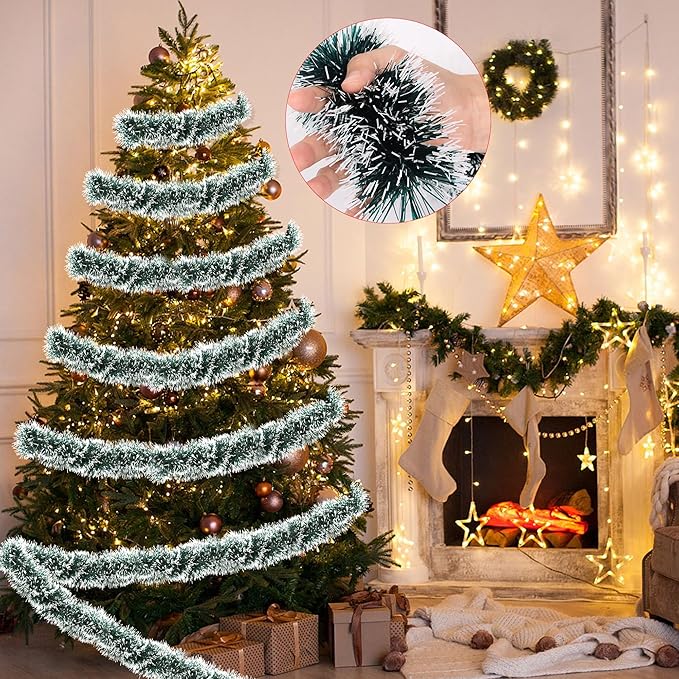 50 FT Green Christmas Tinsel Garland Christmas Decorations for Xmas Tree Decor, Shiny Metallic Twist Hanging Tinsel Garlands for Stairs Mantle Fireplace Home Indoor Outdoor Holiday Party Supplies