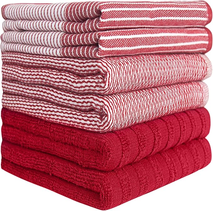Premium Kitchen Towels 6 Pack Large Cotton Hand Towels Flat Terry Absorbent Tea Towels with Hanging Loop Red 20x28