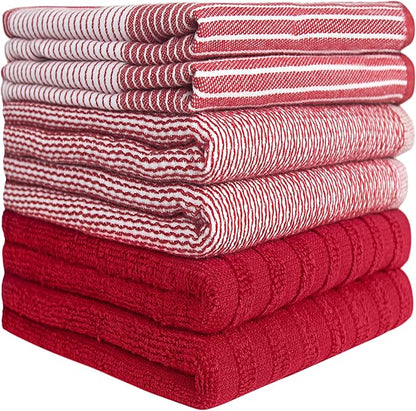 Premium Kitchen Towels 6 Pack Large Cotton Hand Towels Flat Terry Absorbent Tea Towels with Hanging Loop Red 20x28