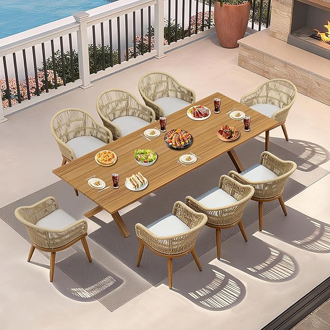 PURPLE LEAF 9 Piece Longer Patio Dining Set with Outdoor Aluminium Dining Table and Woven Chairs Modern Metal Furniture Cushions Sets for Garden Yard Indoor Decor Kitchen Teak