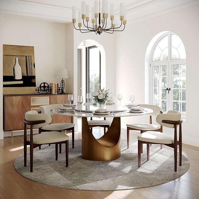 POVISON 59" Round Dining Table for 6 with Lazy Susan, Glossy White Sintered Stone Dining Tabletop with 31" Lazy Susan, Bronze Carbon Steel Pedestal, Modern Dining Table for Living Room (Table Only)