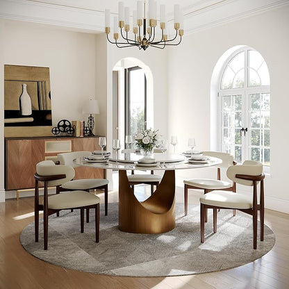 POVISON 59" Round Dining Table for 6 with Lazy Susan, Glossy White Sintered Stone Dining Tabletop with 31" Lazy Susan, Bronze Carbon Steel Pedestal, Modern Dining Table for Living Room (Table Only)