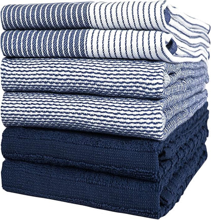 Premium Kitchen Towels 6 Pack Large Cotton Flat Terry Absorbent Tea Towels with Hanging Loop Navy Blue 20x28
