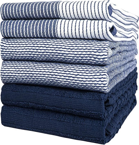 Premium Kitchen Towels 6 Pack Large Cotton Flat Terry Absorbent Tea Towels with Hanging Loop Navy Blue 20x28