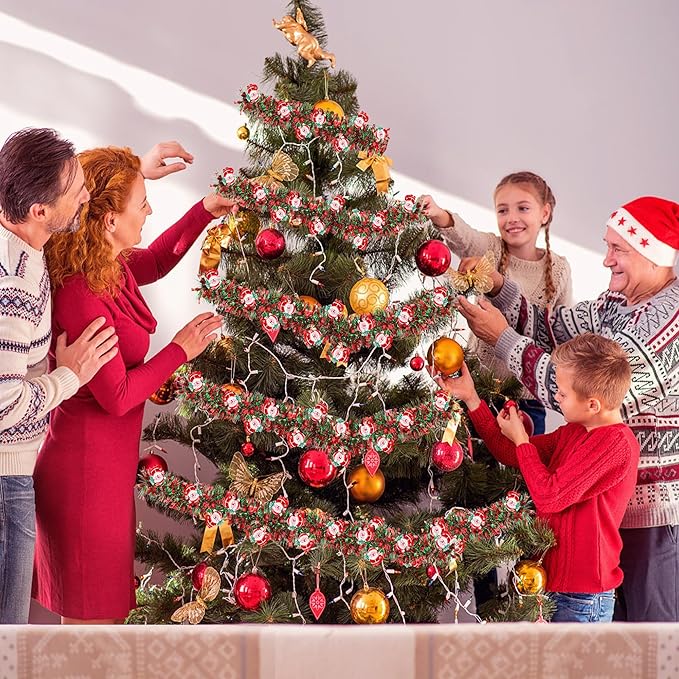 33FT Red Green Christmas Tinsel Garland with Santa Claus Ornaments Christmas Garland Christmas Decorations, Metallic Xmas Tree Garland Indoor Outdoor for Home Mantle Xmas Party Holiday Decor Gift