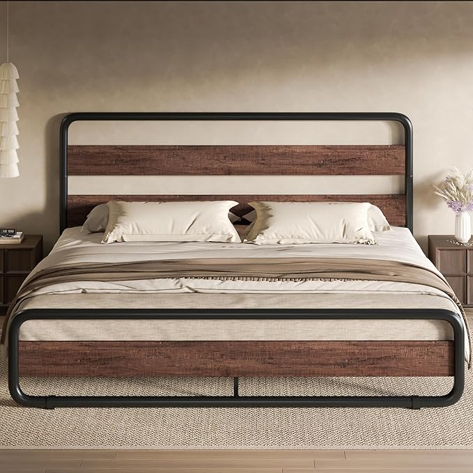 SHA CERLIN King Size Metal Bed Frame with Wooden Headboard and Footboard, Heavy Duty Platform Bed Frame with 10" Under-Bed Storage, Noise-Free, No Box Spring Needed, Mahogany