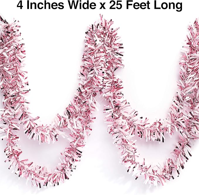 Anderson's Metallic Light Pink & White Sparkle Glitter Tinsel Twist Garland, 25ft Holiday Decoration, Christmas Tree Trim, Parade Float Decor, Party Supplies, Graduation, Indoor/Outdoor Event Garland