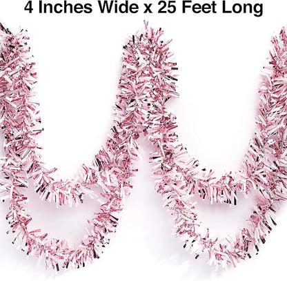 Anderson's Metallic Light Pink & White Sparkle Glitter Tinsel Twist Garland, 25ft Holiday Decoration, Christmas Tree Trim, Parade Float Decor, Party Supplies, Graduation, Indoor/Outdoor Event Garland
