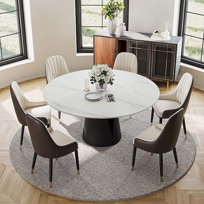POVISON 59" Modern Round Dining Table, Marble Round Dining Room Table for 6, Matte White Sintered Stone Tabletop with Black Carbon Steel Pedestal, Circle Dining Table for Kitchen Room (Table Only)