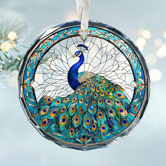 Peacock Ornaments for Christmas Tree - Peacock Christmas Ornaments, Colored Decorations for Home, Stained Glass Style, Great Gifts for Women