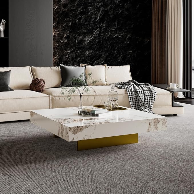 Modern Coffee Table for Living Room, 43.31" Large Square Living Room Table Sintered Stone Tabletop with Gold Stainless Steel Legs, Center Table for Home Office