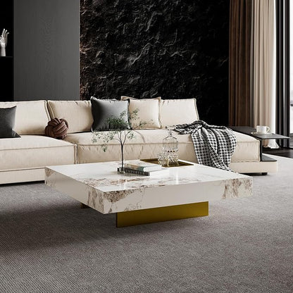 Modern Coffee Table for Living Room, 43.31" Large Square Living Room Table Sintered Stone Tabletop with Gold Stainless Steel Legs, Center Table for Home Office