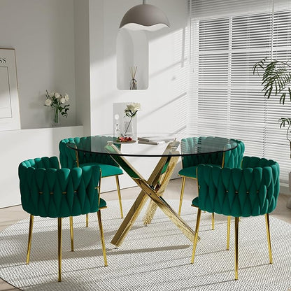 Gold Luxury Round Dining Room Table Set for 4, 47'' Modern Minimalist Circle Kitchen Table Set, 5 Pcs Large Clear Circular Glass Top Dinner Set, Green Retro Woven Chairs Set, for Apartment