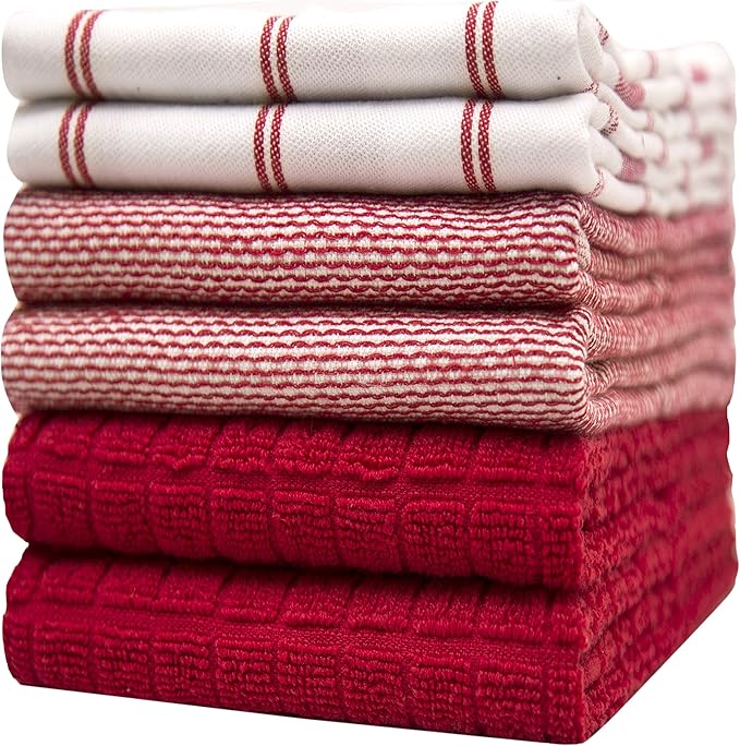 Premium Kitchen Towels 6 Pack Large Cotton Flat Terry Absorbent Tea Towels with Hanging Loop Red Check 20x28