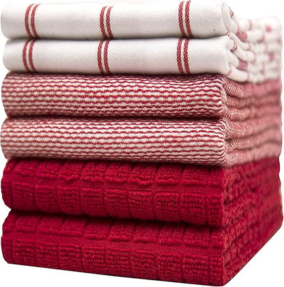 Premium Kitchen Towels 6 Pack Large Cotton Flat Terry Absorbent Tea Towels with Hanging Loop Red Check 20x28