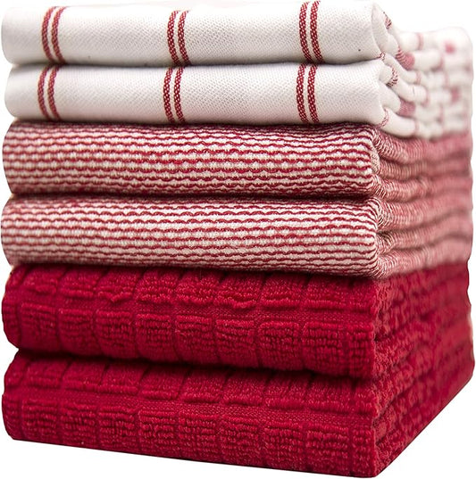 Premium Kitchen Towels 6 Pack Large Cotton Flat Terry Absorbent Tea Towels with Hanging Loop Red Check 20x28