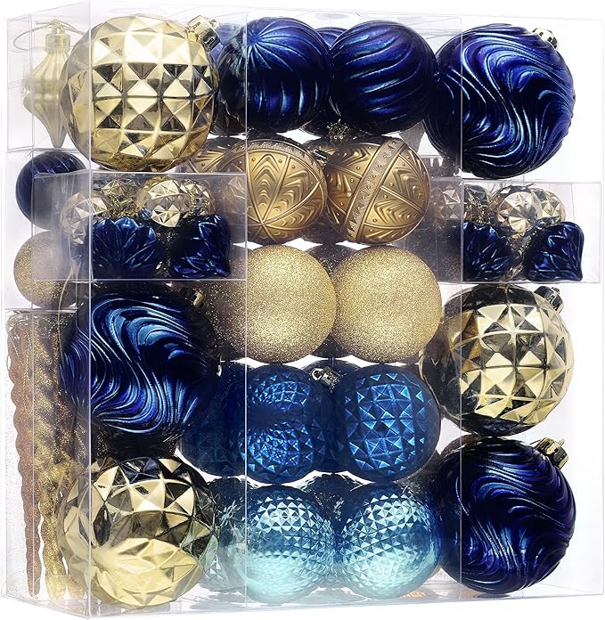 Valery Madelyn 100ct Christmas Tree Decorations Ball Ornament Set, Blue and Gold Shatterproof Hanging Ornaments Bulk for Xmas Holiday Party Decor