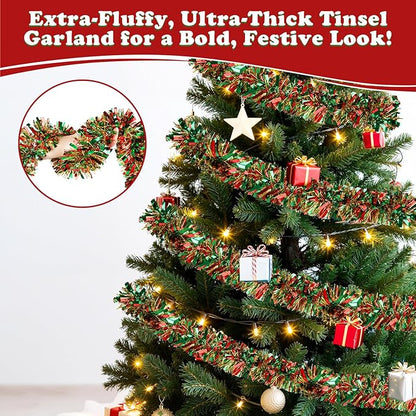 50FT Christmas Tinsel Garland, Red Green&Gold Metallic Twist Shiny Hanging Garland Ornaments for Christmas Tree, Party Supplies Thick Metallic Xmas Streamers