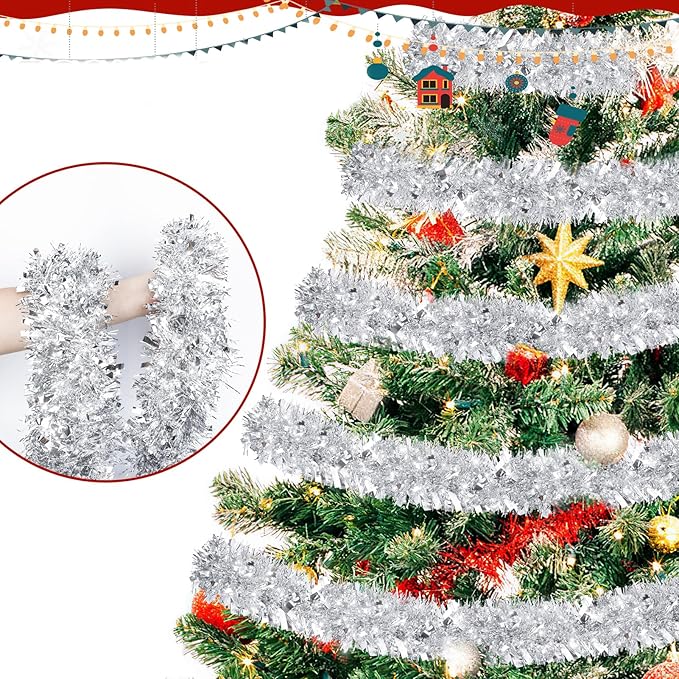 50FT Silver Christmas Tinsel Garland - Metallic Tinsel Glitter Twist Garland Hanging Streamers for Xmas Tree Garlands Decorations