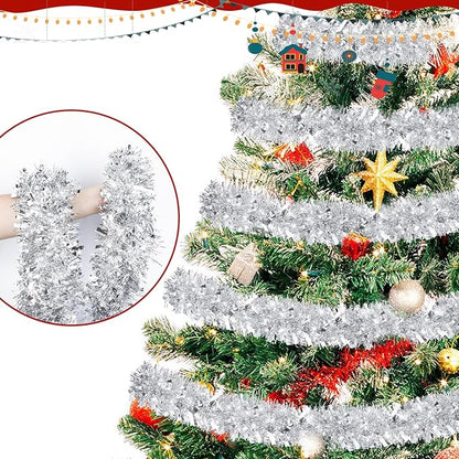 50FT Silver Christmas Tinsel Garland - Metallic Tinsel Glitter Twist Garland Hanging Streamers for Xmas Tree Garlands Decorations