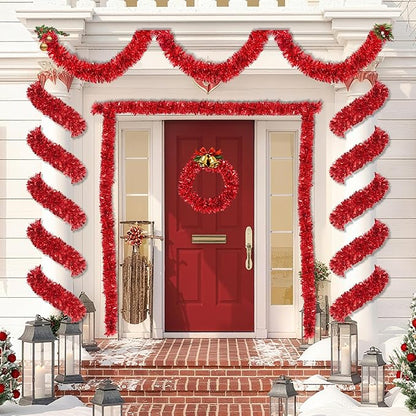 50 Feet Red Christmas Tinsel Garland for Christmas Tree Decorations, Xmas Metallic Twist Shiny Hanging Garland Decor for Mantle Stairs Fireplace Home Holiday Indoor Outdoor