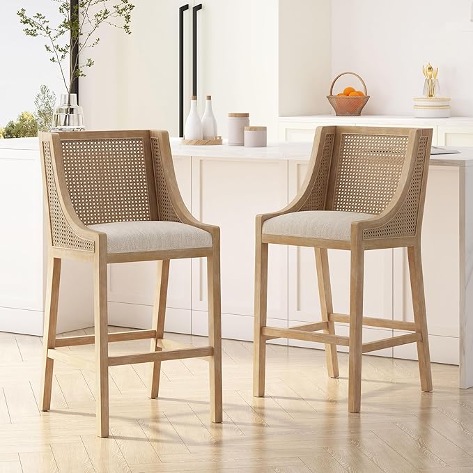 Merax 30" Fabric Upholstered Wood and Cane Barstools with Backrest,Set of 2,French Country Counter Stools Dining Chair