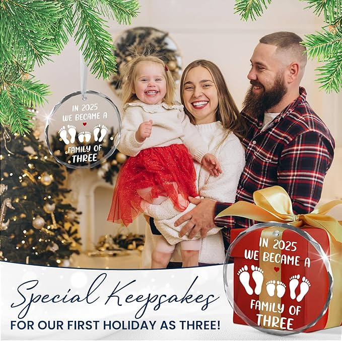 Baby's First Christmas Ornaments 2025 - Glass Christmas Ornaments 2025 for Tree Decorations - Gifts for New Mom Dad Parents Couples, Family of Three, Pregnancy Announcement for Grandparents
