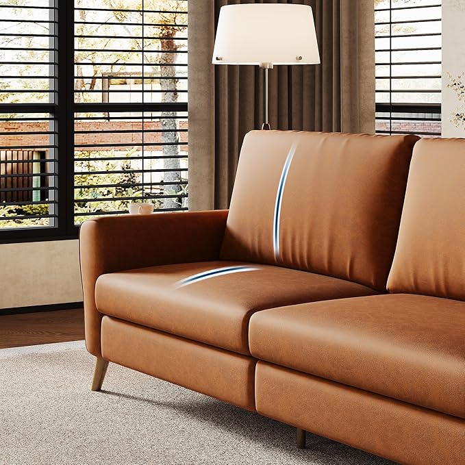 GarveeHome 84" Faux Leather Couch, Brown Couches for Living Room, 3 Seater Sofa with Wide Armrests, Wood Legs, Deep Seats, Mid-Century Modern Loveseat Sofa for Small Spaces, Easy Assembly