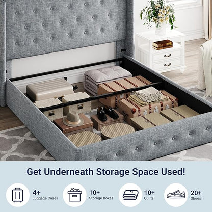 Allewie Queen Size Lift Up Storage Bed, Button Tufted Headboard with Wingback, Hydraulic Support, No Box Spring Needed, Grey Blue