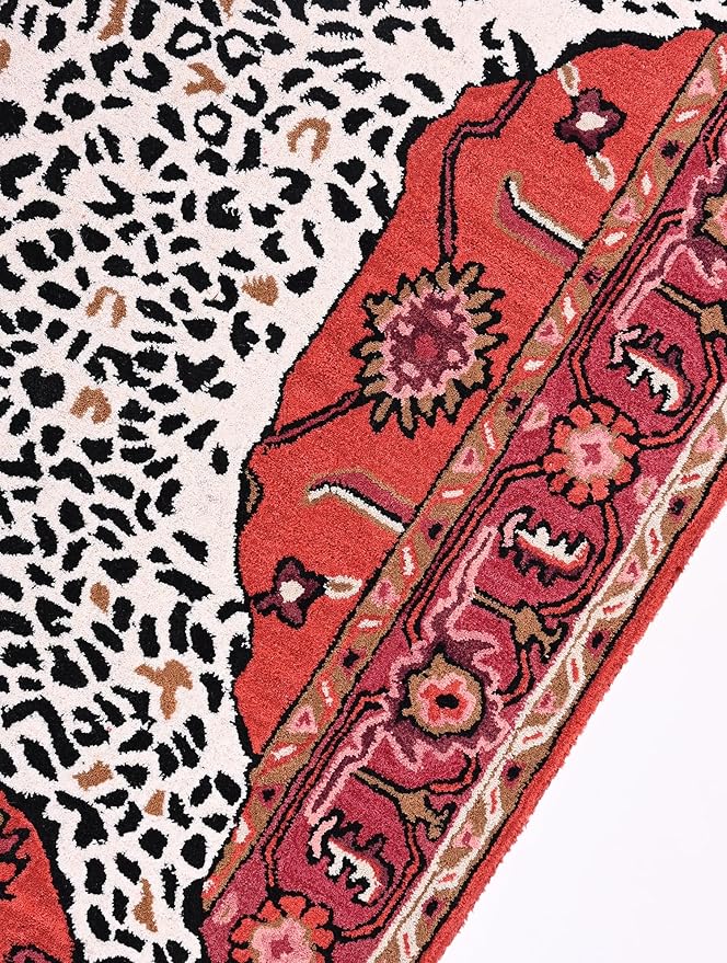 Handmade Leopard Wool Area Rug with Traditional Oushak Motif – Exquisite Animal Print Cheetah Rugs for Living Room, Bedroom | Plush Texture, Vintage Style, Thick & Durable Carpet (Rust, 8' Round)