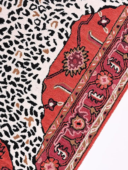 Handmade Leopard Wool Area Rug with Traditional Oushak Motif – Exquisite Animal Print Cheetah Rugs for Living Room, Bedroom | Plush Texture, Vintage Style, Thick & Durable Carpet (Rust, 6' Round)
