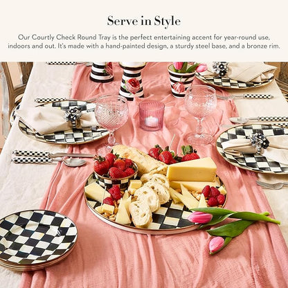 MACKENZIE-CHILDS Enamel Round Unique Serving Platter for Food and Drinks, Black-and-White Courtly Check