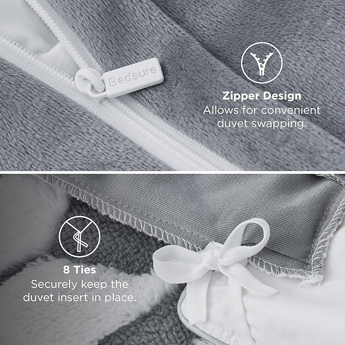 Bedsure Fluffy Christmas Duvet Cover Set - Ultra Soft Plush Shaggy Comforter Cover Queen Size, Warm Flannel Fleece Bed Sets for Winter, 3 Pieces, Reindeer Pattern, Grey