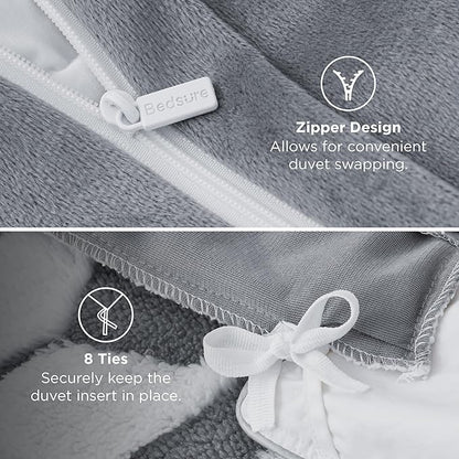 Bedsure Fluffy Christmas Duvet Cover Set - Ultra Soft Plush Shaggy Comforter Cover Queen Size, Warm Flannel Fleece Bed Sets for Winter, 3 Pieces, Reindeer Pattern, Grey