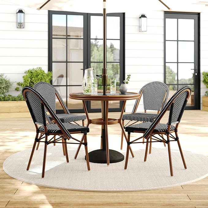 Martha Stewart Lily Pond 31” Round Indoor-Outdoor Bistro Dining Table with Aluminum Frame in Natural Woodgrain and Rattan Top in Black/White with Tempered Glass Top